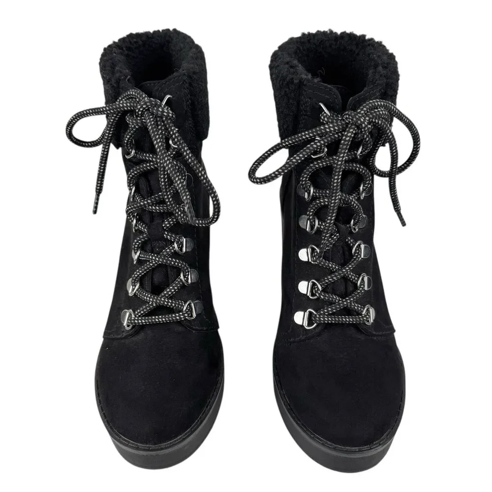 Esprit Roxy Womens Suede Wedge Faux Fur Ankle Bootie 7M‎ Black Lace Up Cozy